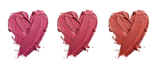 lipstick smudge or color paint heart shape texture on white background. Beauty makeup product...