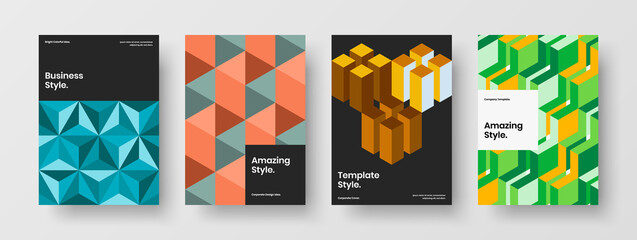 Multicolored geometric tiles magazine cover concept composition. Abstract brochure design vector illustration bundle.
