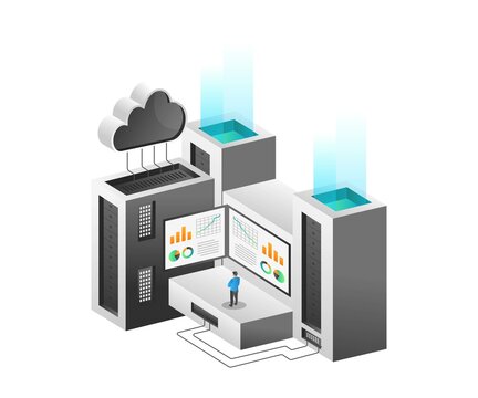 Isometric illustration concept. Security database server cloud analysis