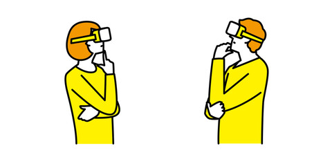 ゴーグルを装着してバーチャルリアリティ空間の中で考える男性と女性