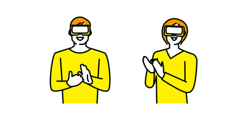 ゴーグルを装着してバーチャルリアリティ空間の中で拍手をする男性と女性