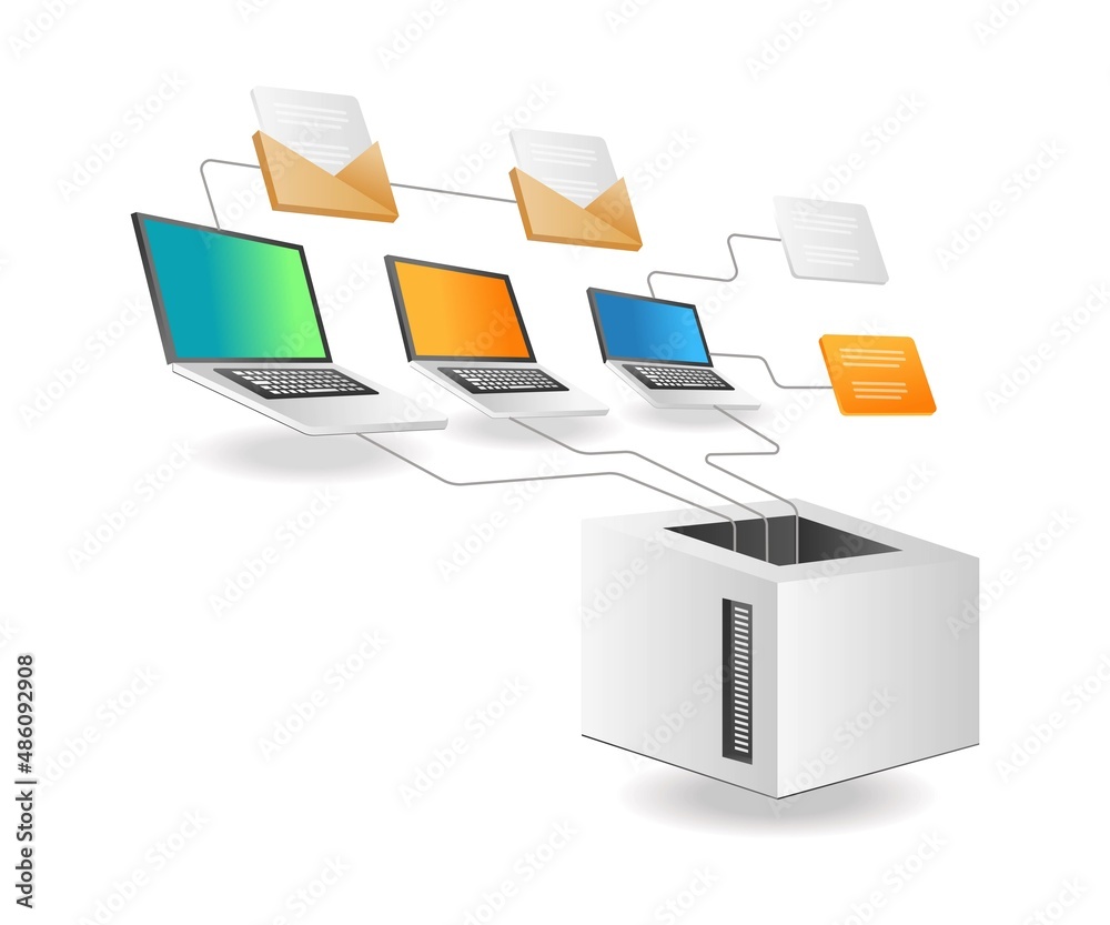 Poster Isometric illustration concept. Computer network data transfer to server