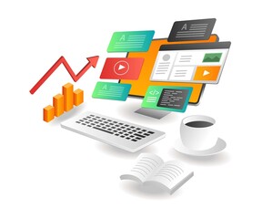 Isometric illustration concept. Computer data seo business optimization