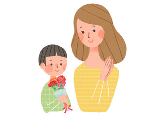 母の日　カーネーションの花束をお母さんに渡す男の子