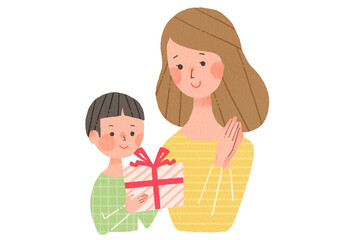 母の日　プレゼントをお母さんに渡す男の子
