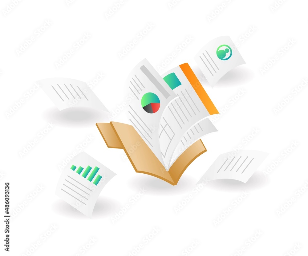 Aufkleber isometric illustration concept. analysis data paper out of folder