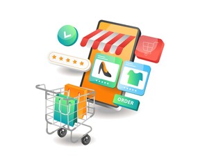 Isometric illustration concept. Online shopping buy goods on smartphone