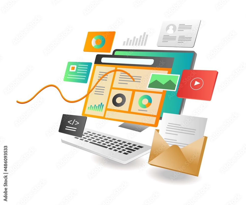 Aufkleber isometric illustration concept. marketing optimization seo analysis data