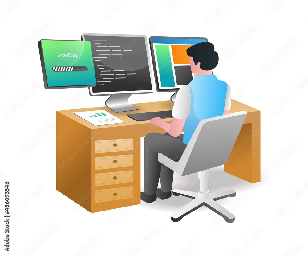 Aufkleber Isometric illustration concept. man typing programming language for web application