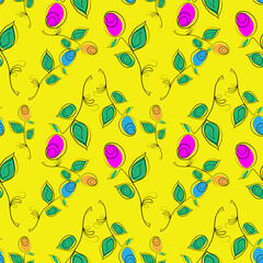 Seamless abstract pattern of multicolored roses on a yellow background