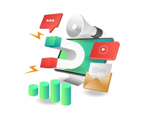Isometric illustration concept. Magnet digital marketing strategy