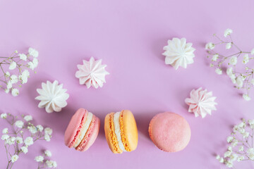 Tasty french macaroons with tender flowers on a violet pastel background.