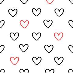 Seamless pattern with hand-drawn hearts black and red color