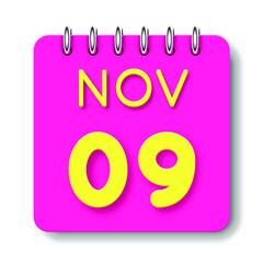 09 day of the month. November. Cute calendar daily icon. Date day week Sunday, Monday, Tuesday, Wednesday, Thursday, Friday, Saturday. Neon yellow. Pink Paper. White background.