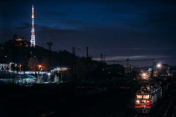 Night city. Train at night. Night train. Architecture