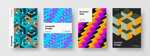 Amazing corporate brochure design vector template composition. Modern mosaic hexagons company identity concept set.