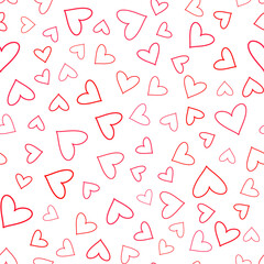 Seamless pattern minimalist heart without fill. Contour red line, white background.