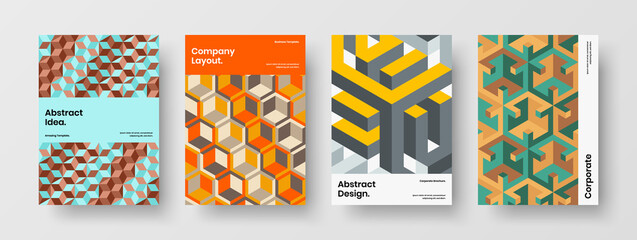 Isolated mosaic tiles annual report concept composition. Minimalistic cover A4 design vector template bundle.