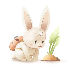 Cartoon of adventure rabbit finding carrot in watercolor style