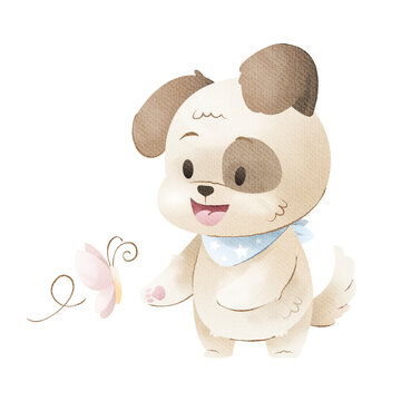 Watercolor art of cartoon dog playing butterfly