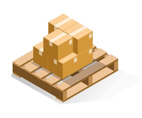 Isometric illustration concept. Pile of cardboard on wooden pallet