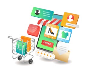 Isometric illustration concept. Online shopping e-commerce smartphone app