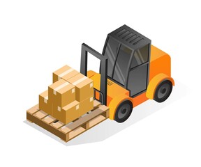 Isometric illustration concept. Lifting goods on pallets with forklift