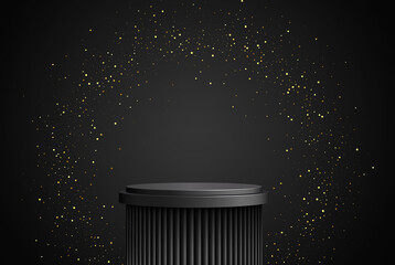 Luxurious round black podium in a black empty room with gold glitter in a circle.Abstract vector rendering of a 3d shape for the presentation of cosmetic products. Mini stage, studio. - obrazy, fototapety, plakaty