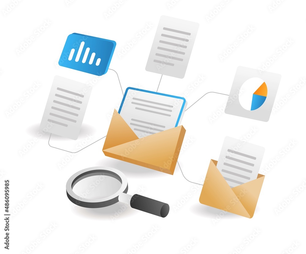 Poster illustration isometric concept. network email data analysis