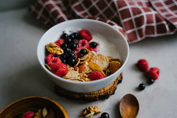 A plate with natural yogurt, cereals and berries. Delicious and healthy breakfast. Proper nutrition. Black currant and raspberry frozen.