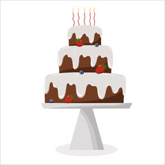 Birthday cake with candles on cake turntable stand with strawberries and blueberries isolated on white background