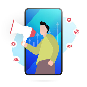 Key Opinion Leader (KOL) influencer marketing. KOC or Key Opinion Consumer concept. Self-media celebrity expert holding megaphone. Promoting business, data driven marketing, social media campaign
