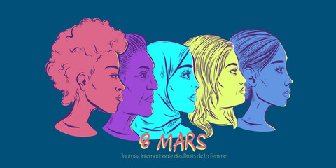 March 8 th - French women rights day banner - women faces diversity illustration © Orkidia