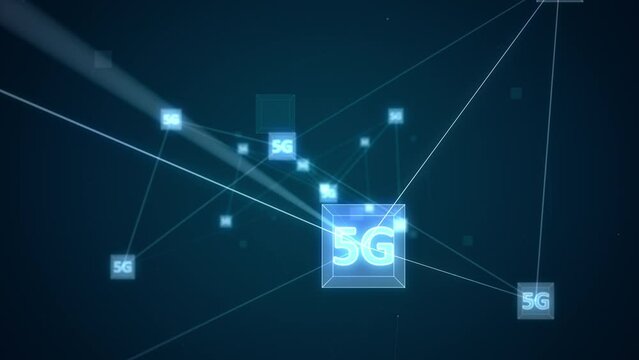 Motion graphic of Blue digital 5G icon and futuristic cube with network connection Meta verse abstract background concept camera zoom out seamless loop video