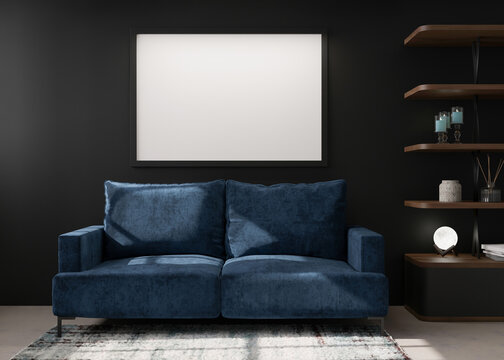 Empty black picture frame on black wall in modern living room. Mock up interior in contemporary style. Free space, copy space for your picture, poster. Blue sofa. shelves, carpet. 3D rendering.