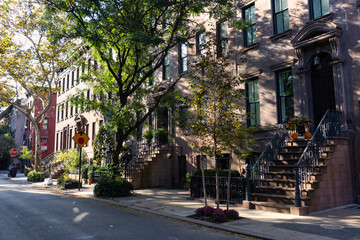 Street with Beautiful Brownstone Homes in Greenwich Village of New York City