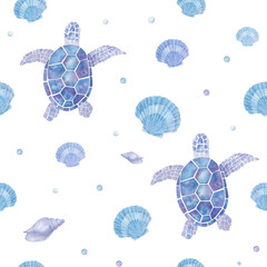 Watercolor blue turtle and shells seamless pattern on white background. Hand-drawn decorative element useful for invitations, scrapbooking, design