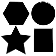 Ink geometric figures. Grunge style. Hand drawn. Hexagon, rectangle, circle, star emblems. Vector illustration. Stock image.