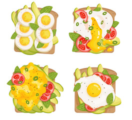 Set of toasts with scrambled eggs, poached egg, scrambled eggs, slices of boiled egg, avocado, tomatoes and green basil leaves. Colorful breakfast illustrations. Cartoon vector graphics.