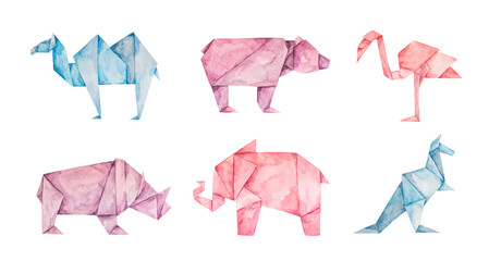 Watercolor illustration of origami animals. Paper origami figures of  camel, bear, flamingo, rhinoceros, elephant and kangaroo. Watercolor set of six animals on white background - obrazy, fototapety, plakaty