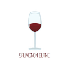 A glass of red Sauvignon Blanc wine. Cartoon-style vector illustration with lettering