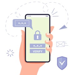 OTP One-time password for secure transaction on digital payment transaction for mobile app on smartphone screen 2-Step verification Vector illustration flat design Mobile phone in hand Enter otp