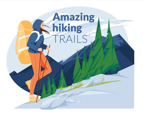 Hiking poster. A young girl climbs a mountain with a backpack on the background of a mountain landscape with a coniferous forest. flat vector illustration