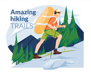 Hiking poster. A young man climbs a mountain with a backpack on the background of a mountain landscape with a coniferous forest. flat vector illustration