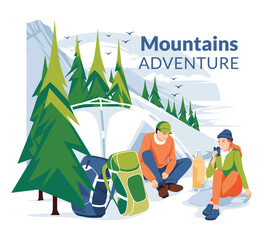 Fototapeta premium Adventure in the mountains poster. A couple of young people are sitting near the tent and resting with backpacks against the backdrop of a mountain 