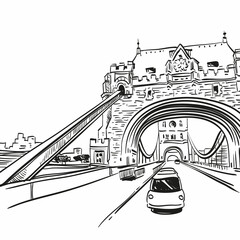 Fototapeta na wymiar London bridge hand drawn city sketch, vector illustration