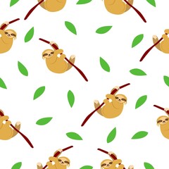 Seamless pattern of sloths hanging on tree branch and green leaves. White background. Cartoon character. Cute and funny. Summer and spring. For wallpaper, textile, scrapbooking and wrapping paper