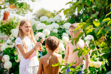 Obraz premium Adorable little girl and two boys playing with a garden hose on hot and sunny summer. Brothers and sister enjoy summer holiday together at vacation home or village.