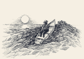 Man rowing in a boat on sea waves hand drawing © Danussa