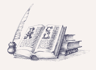 Old books stack and ink quill hand drawing